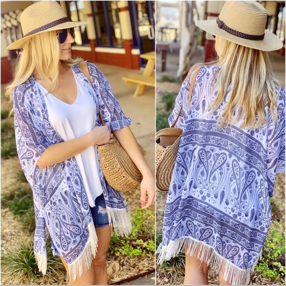 Infinity Raine Sweaters - LOOKING FOR FUN PAISLEY PRINT KIMONO/COVER UP-BLUE